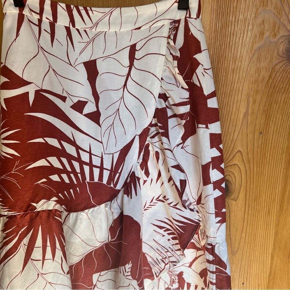 Madewell Rust & White Tropical Print Ruffle Linen Blend Midi Skirt - Picture 5 of 11